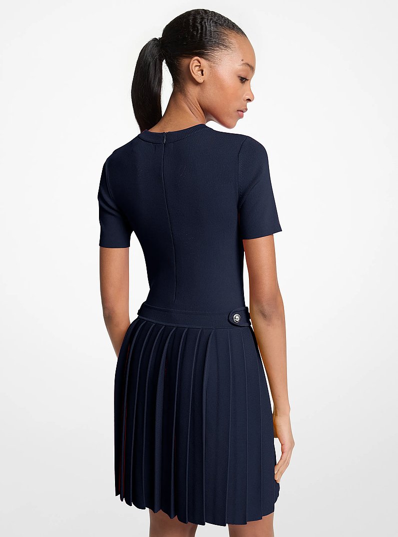Stretch Knit Pleated Mini Dress in MIDNIGHTBLUE | Michael Kors