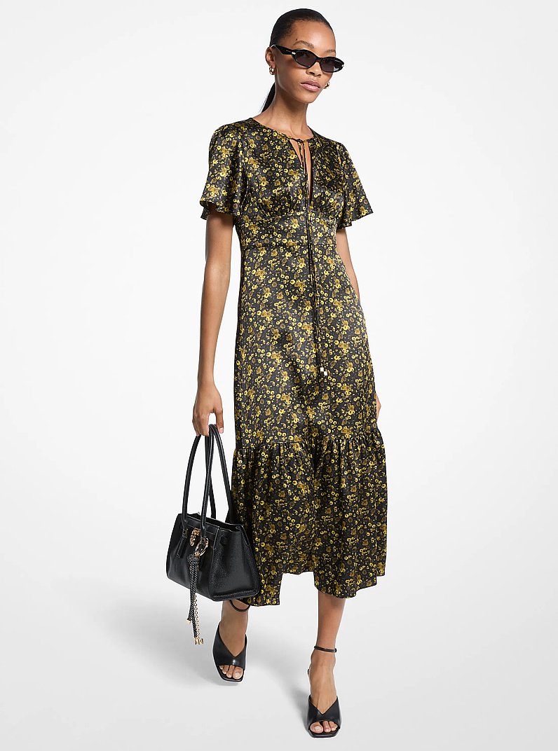 Floral Hammered Satin Midi Dress in PISTACHIO | Michael Kors