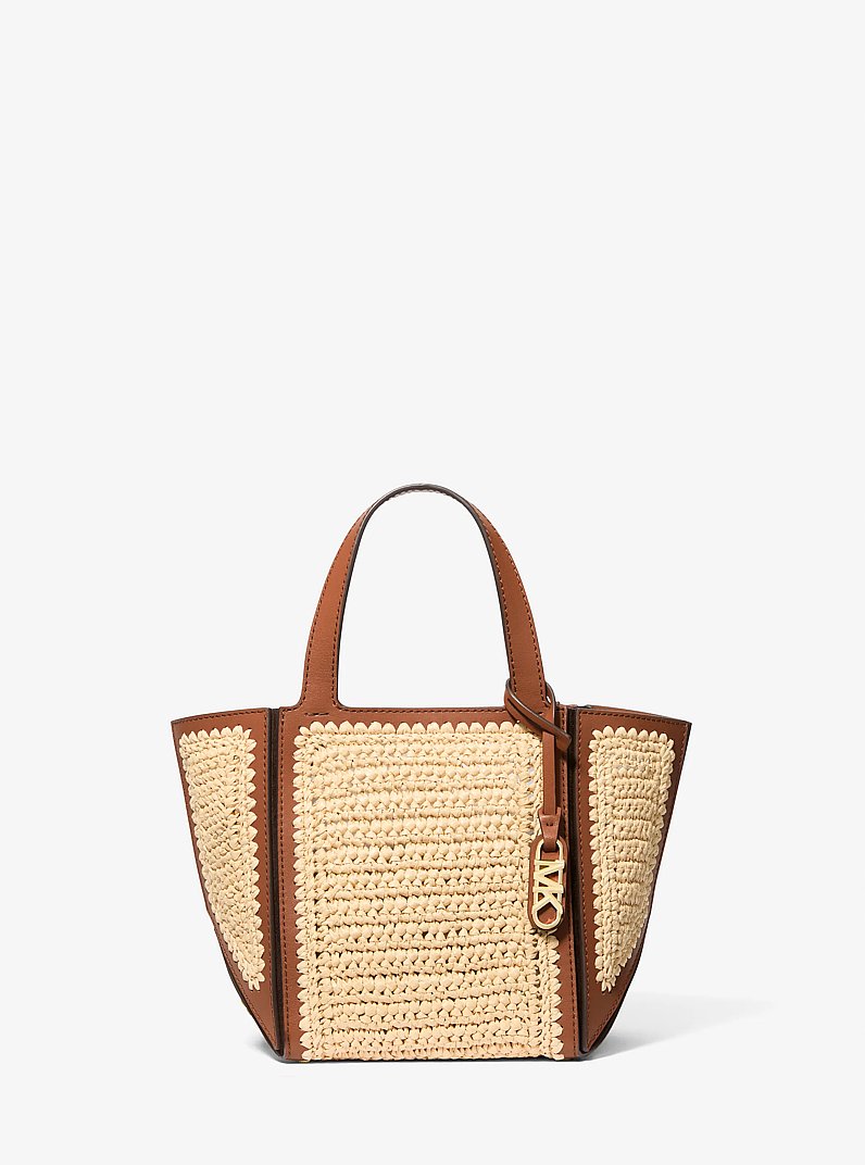 Jordi Small Hand-Crocheted Straw and Leather Tote Bag in NATURAL/LUGGAGE | Michael Kors