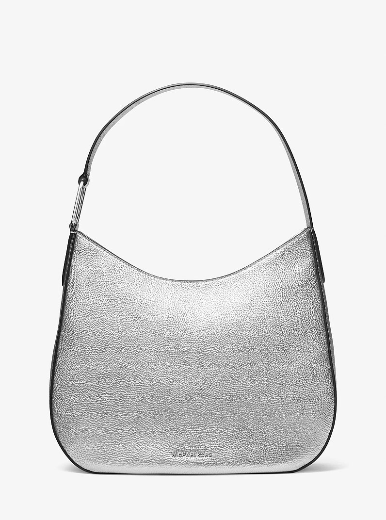 Kensington Large Metallic Leather Hobo Shoulder Bag in SILVER | Michael Kors