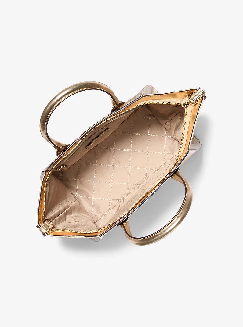 Avril Large Metallic Leather and Logo Jacquard Satchel in PALE