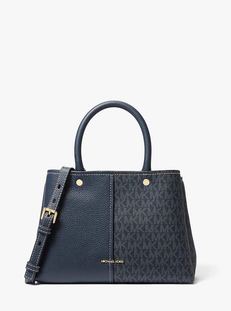 Bolso satchel de piel Flora mediano con logotipo in AZUL OSCURO/AZUL P&Aacute;LIDO | Michael Kors
