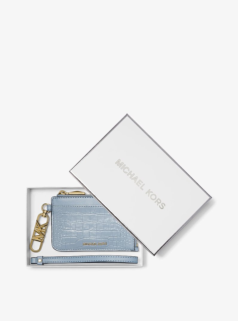 Crocodile Embossed Leather Card Case in PALE BLUE | Michael Kors