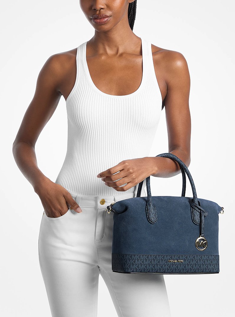 Borsa a mano Hyde media in pelle scamosciata con stampa logo in NAVY | Michael Kors