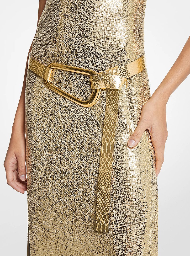 Angelina Metallic Python Embossed Leather Belt in GOLD | Michael Kors