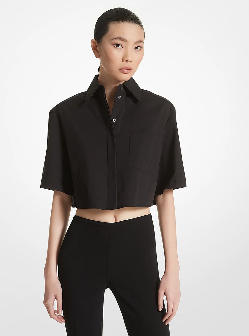 Stretch Cotton Poplin Cropped Shirt in BLACK | Michael Kors