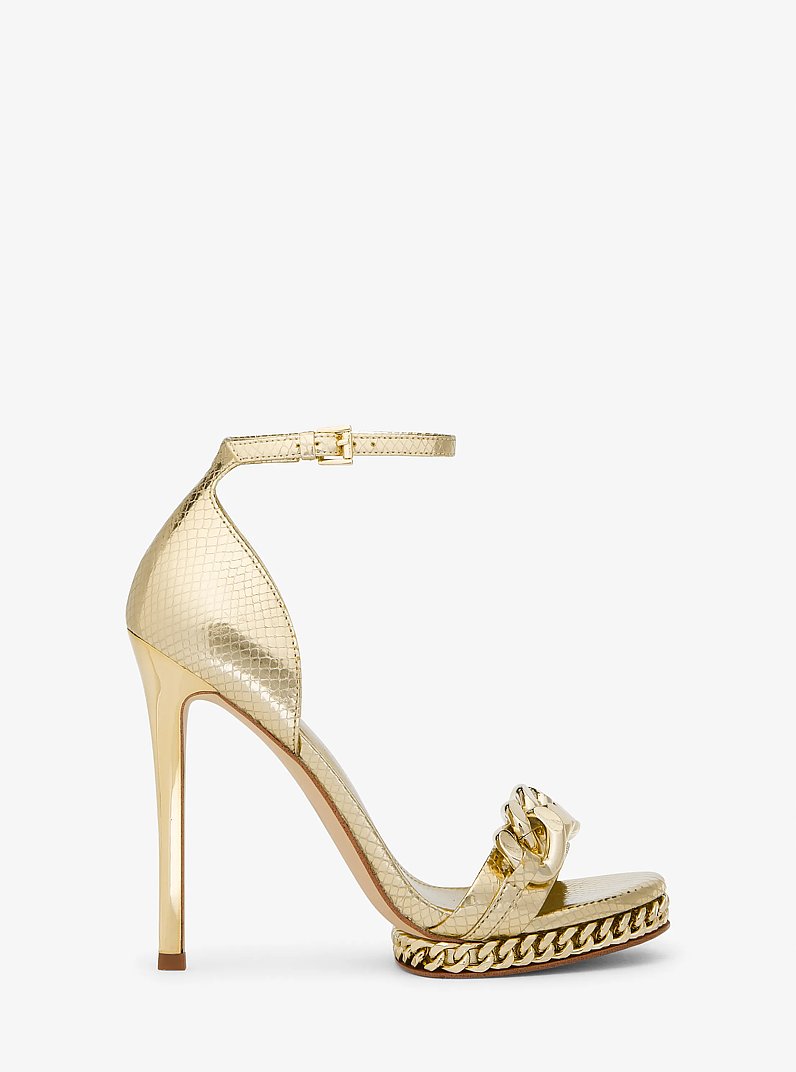 Jordyn Embellished Metallic Snake Embossed Leather Platform Sandal in PALE GOLD | Michael Kors