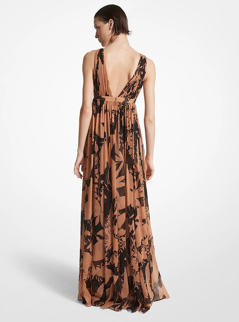 Shadow Floral Silk Chiffon Empire Goddess Gown   in SUNTAN/BLACK | Michael Kors