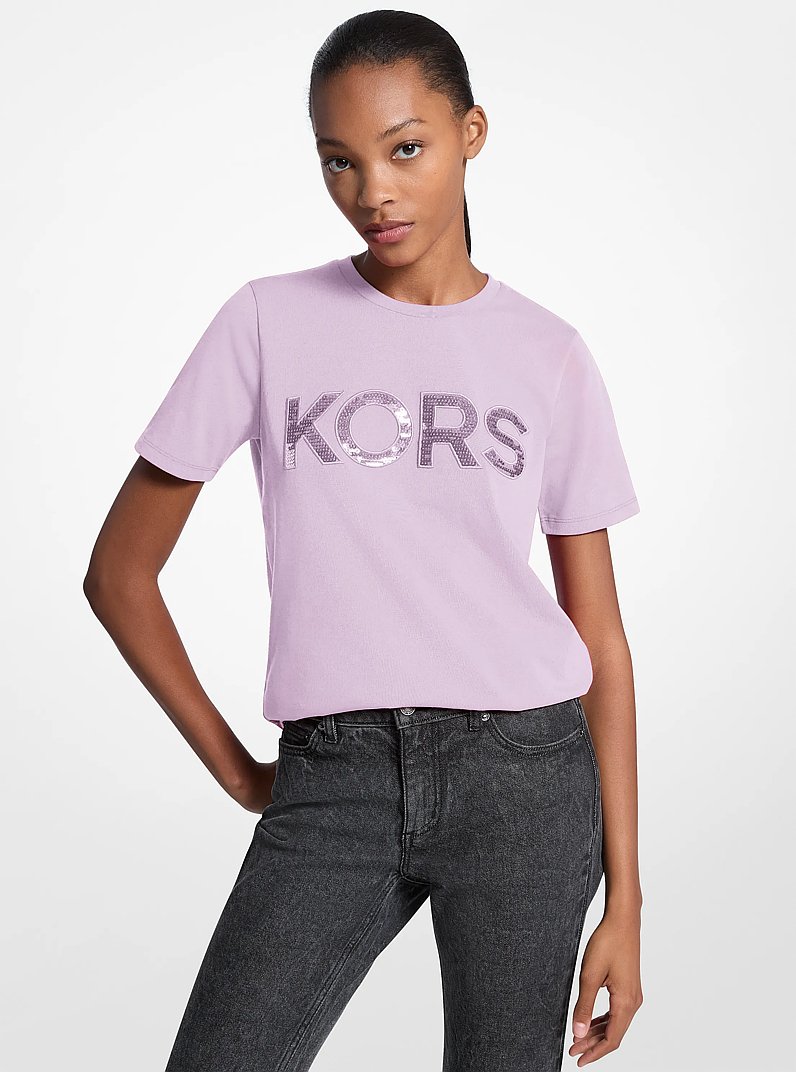 Sequined Logo Cotton T-Shirt in QUARTZ | Michael Kors