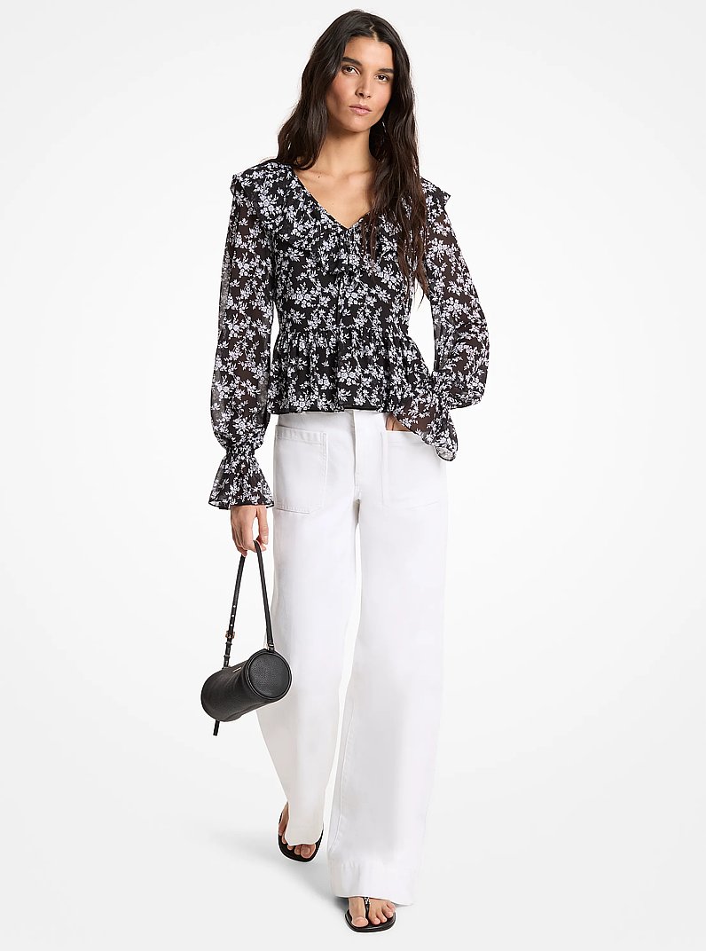 Floral Print Georgette Ruffled Blouse in BLACK/WHITE | Michael Kors