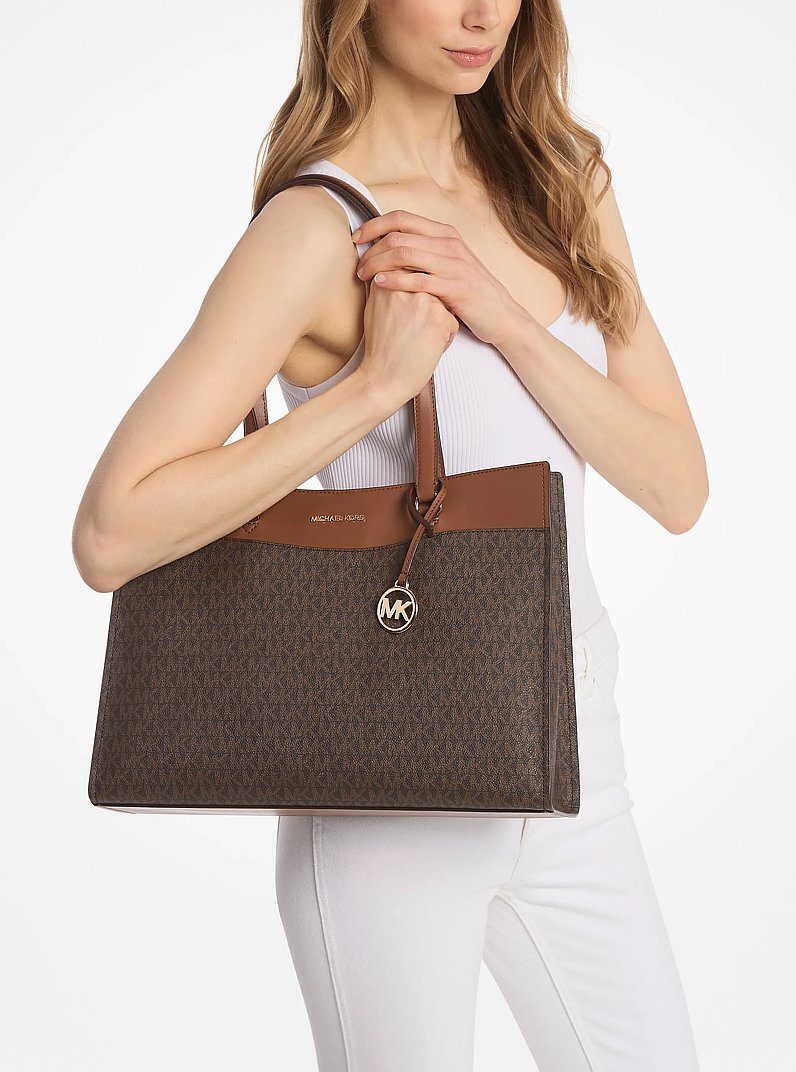 Jet Set Large Signature Logo Tote Bag in BROWN | Michael Kors