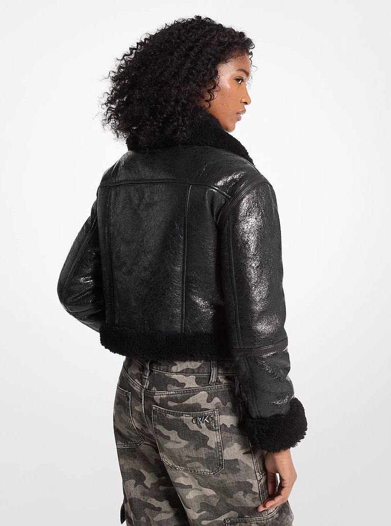 Crackled Leather and Shearling Cropped Jacket in BLACK | Michael Kors