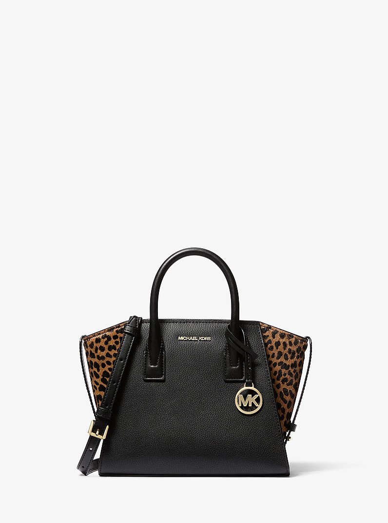 Avril Small Leather and Cheetah Print Calf Hair Satchel in BLACK