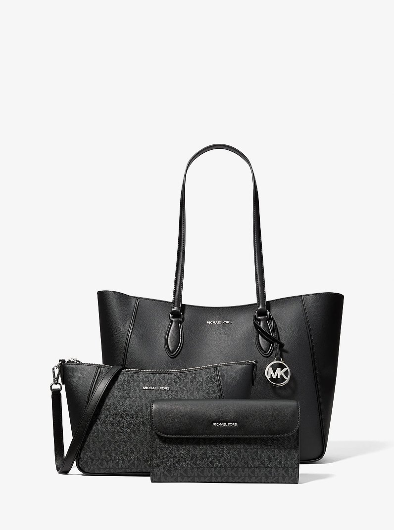 Jet Set Travel Large Smooth and Signature Logo 3-in-1 Tote Bag in BLACK | Michael Kors