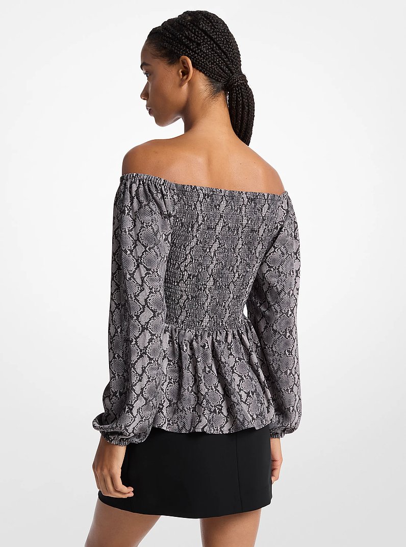 Snake Print Satin Back Crepe Off-The-Shoulder Blouse in BLACK | Michael Kors