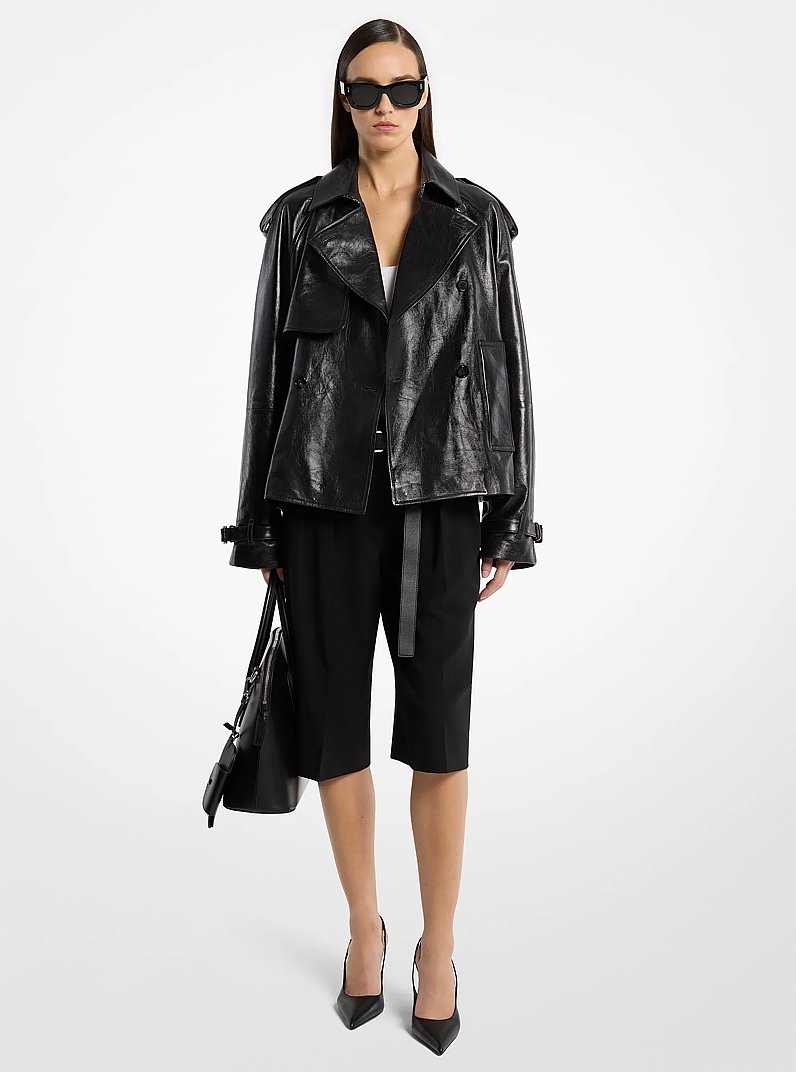 Oversized Leather Cropped Trench Coat in BLACK | Michael Kors