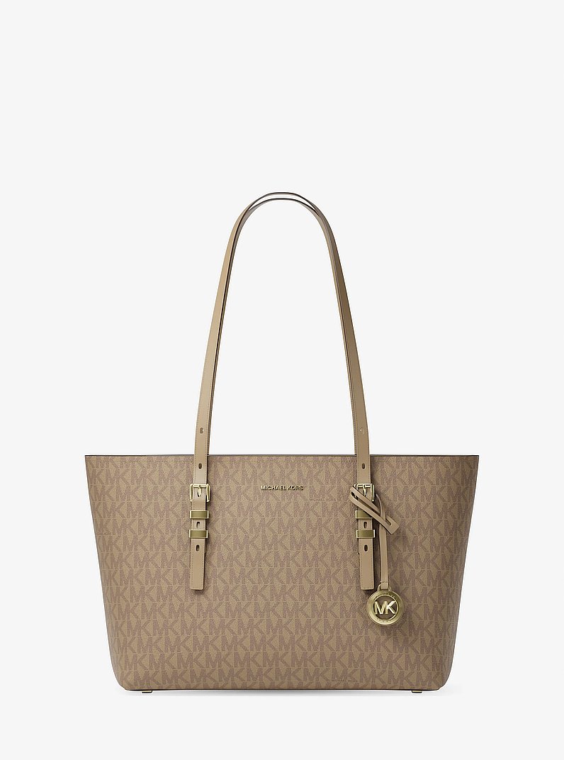 Quinn Medium Signature Logo and Leather Tote Bag in HUSK | Michael Kors