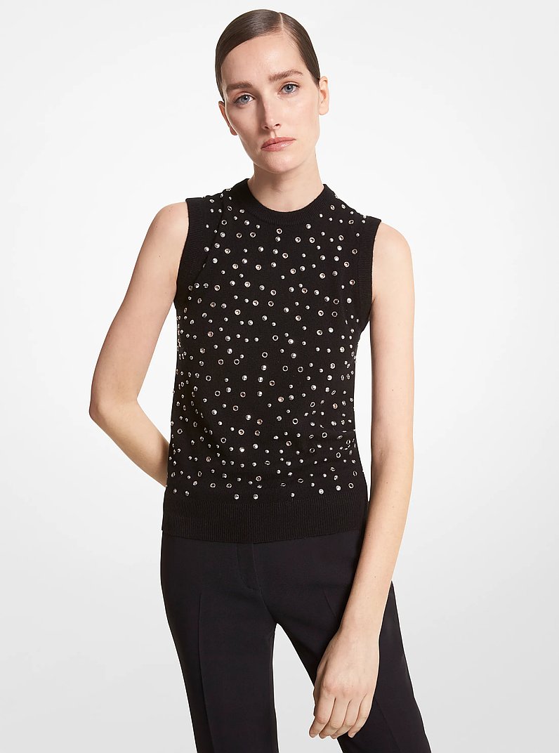 Embellished Cashmere Shell in BLACK/SILVER | Michael Kors