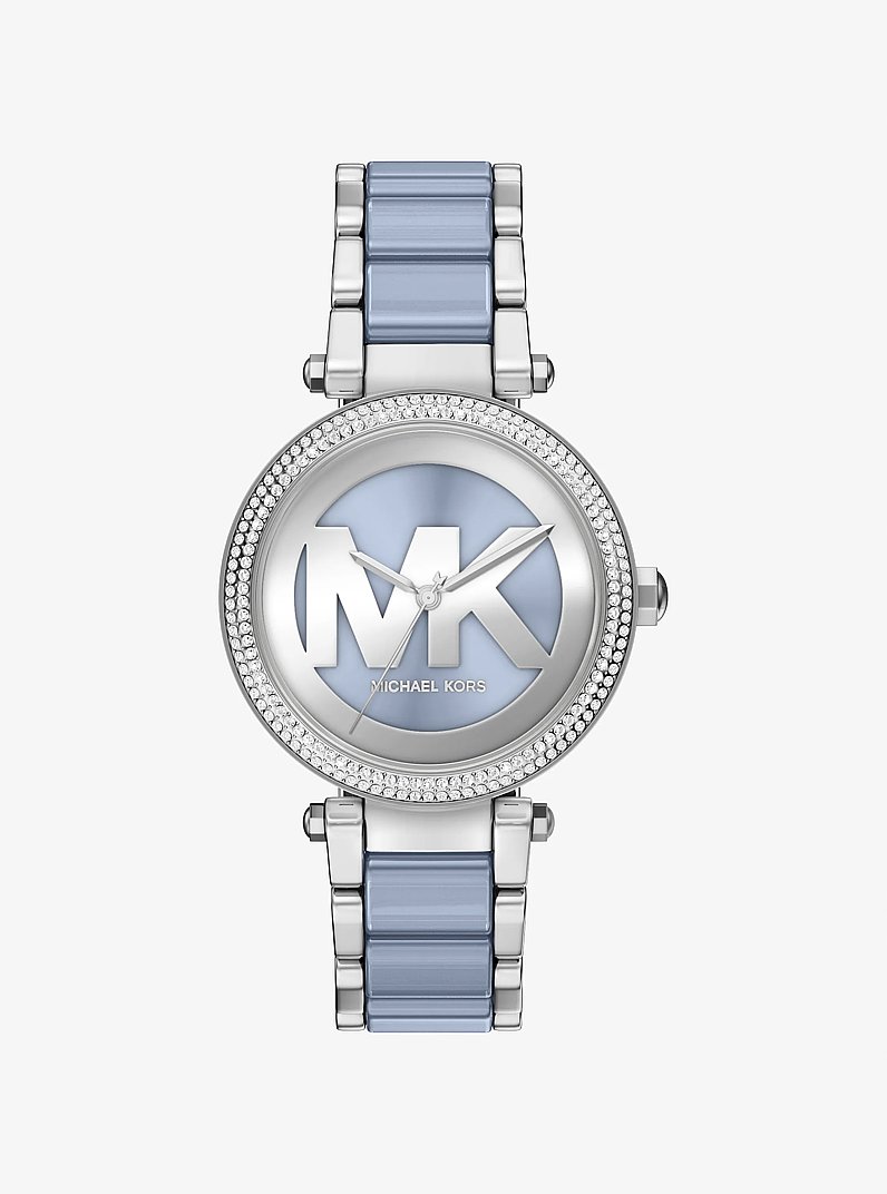 Oversized Parker Pav&eacute; Blue-Tone Watch in SILVER | Michael Kors