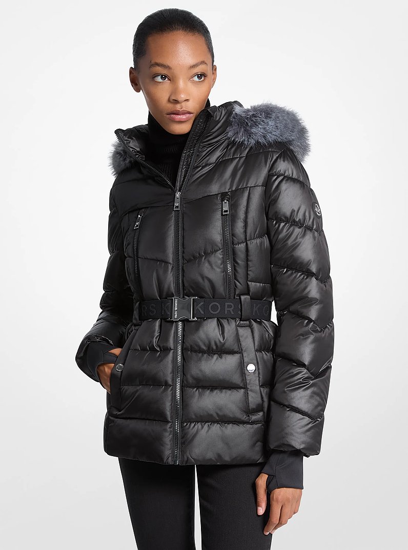 Faux Fur Trim Belted Puffer Jacket in BLACK | Michael Kors