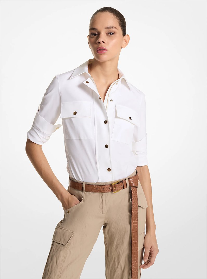 Stretch Cotton Poplin Safari Shirt in OPTIC WHITE | Michael Kors