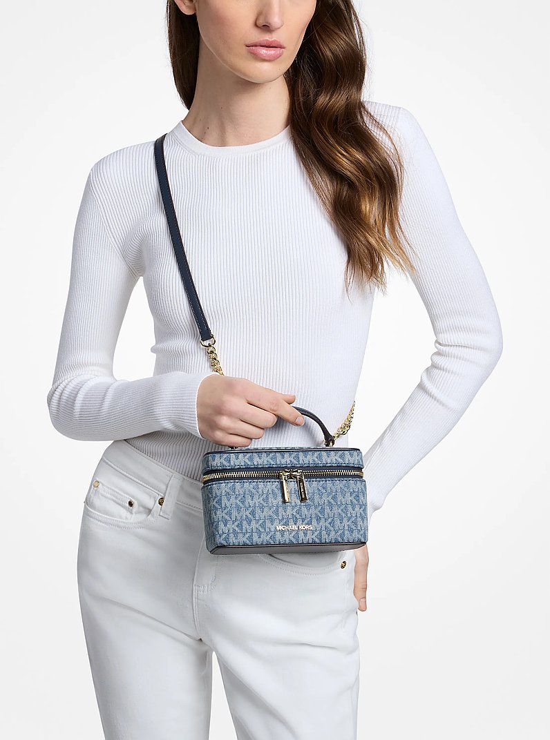 Vivi Small Signature Logo Print Denim Vanity Crossbody Bag in LT VTBLU WSH | Michael Kors