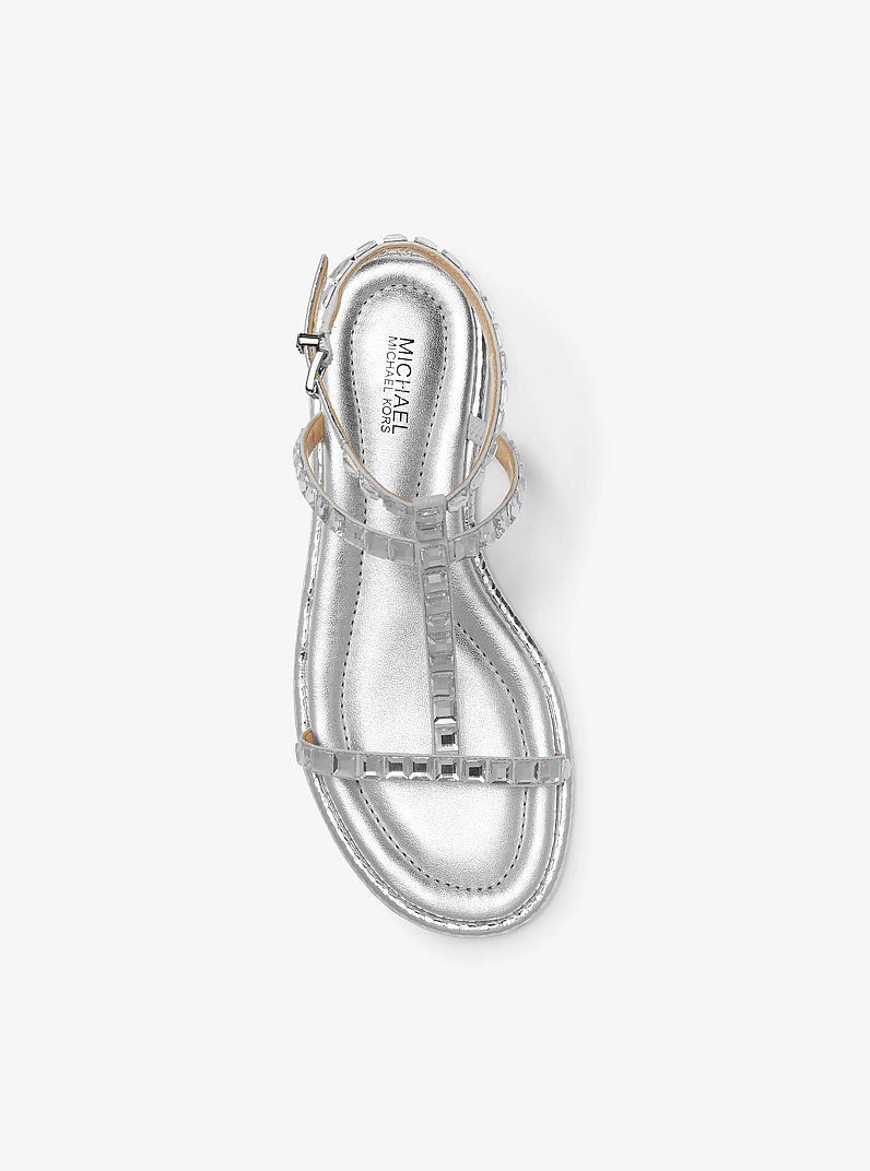 Celia Crystal Embellished Metallic Flat Sandal in SILVER | Michael Kors