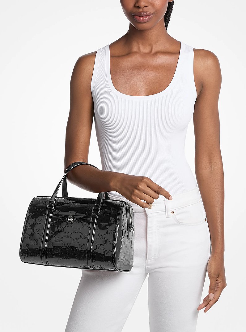 Jet Set Medium Patent Logo Debossed Duffel Crossbody Bag in BLACK | Michael Kors
