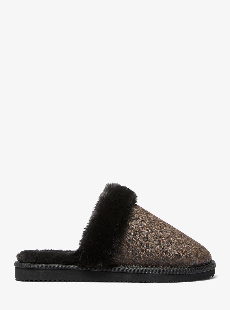 Liddy Signature Logo and Faux Fur Slipper in BROWN/BLK | Michael Kors