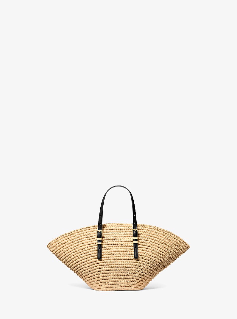 Isa Small Hand-Crocheted Straw Tote Bag in NATURAL/BLACK | Michael Kors