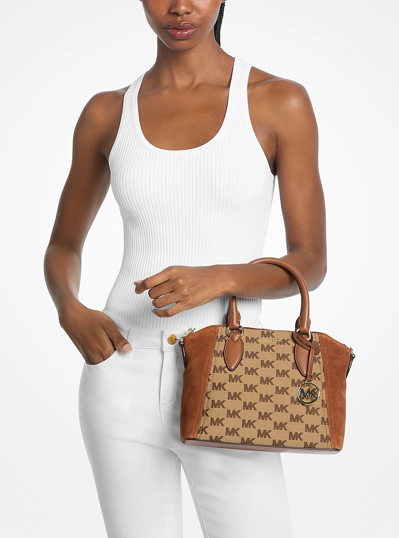 Sienna Small Logo Jacquard and Leather Satchel