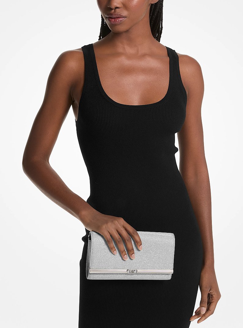 Mona Large Glitter Chain Mesh Clutch in SILVER | Michael Kors
