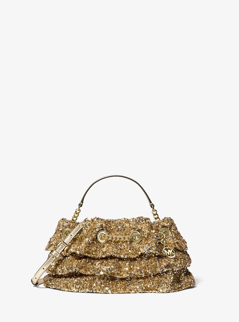 Mina Small Sequin Embellished Convertible Pochette in PALE GOLD | Michael Kors