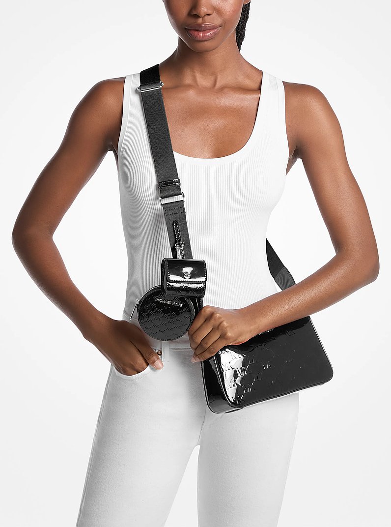 Jet Set Small Patent Logo Debossed Crossbody Bag with Case for Apple Airpods Pro&reg; in BLACK | Michael Kors
