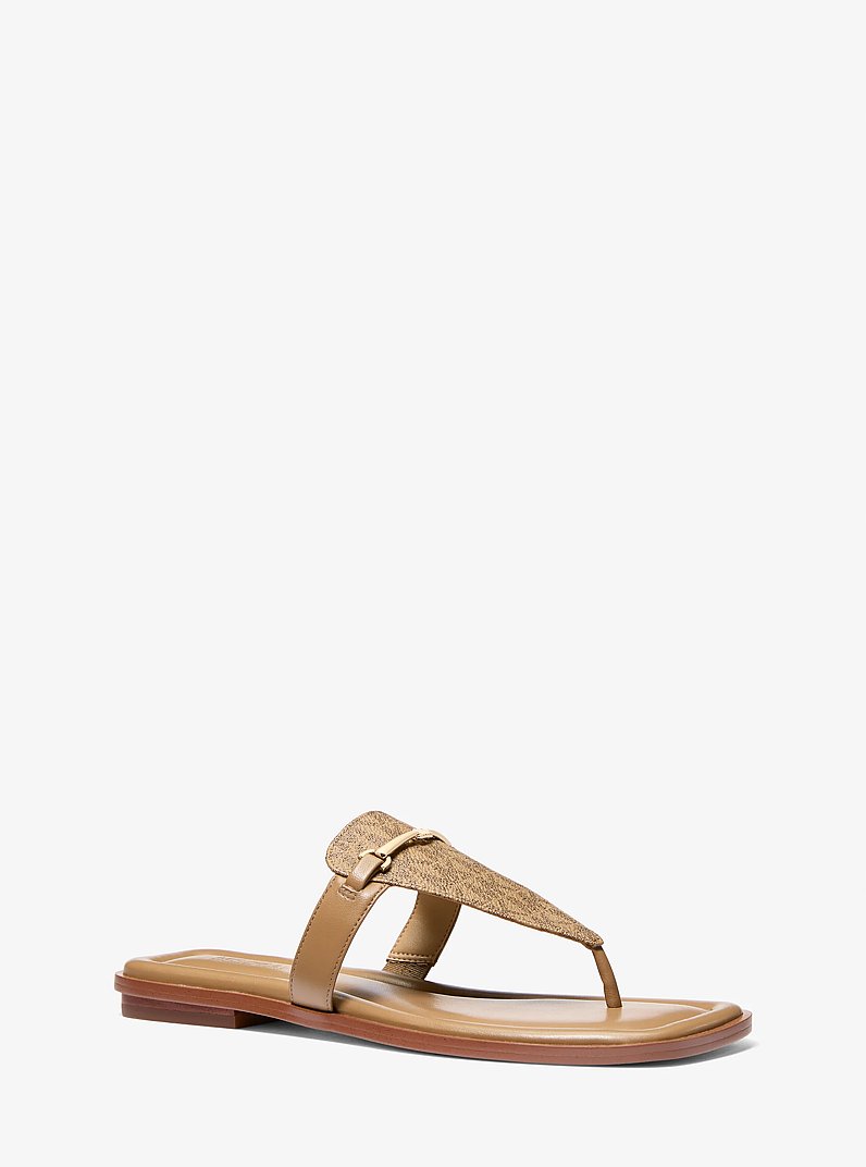 Lena Signature Logo and Leather T-Strap Sandal in HUSK | Michael Kors