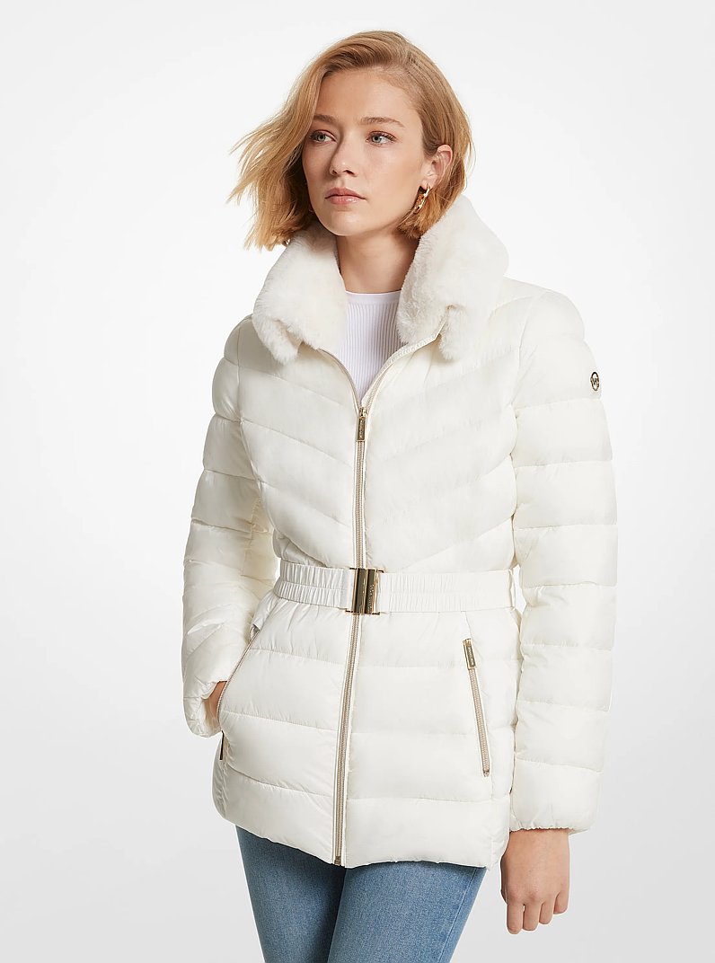 Faux Fur Trim Quilted Nylon Packable Puffer Jacket in BONE | Michael Kors