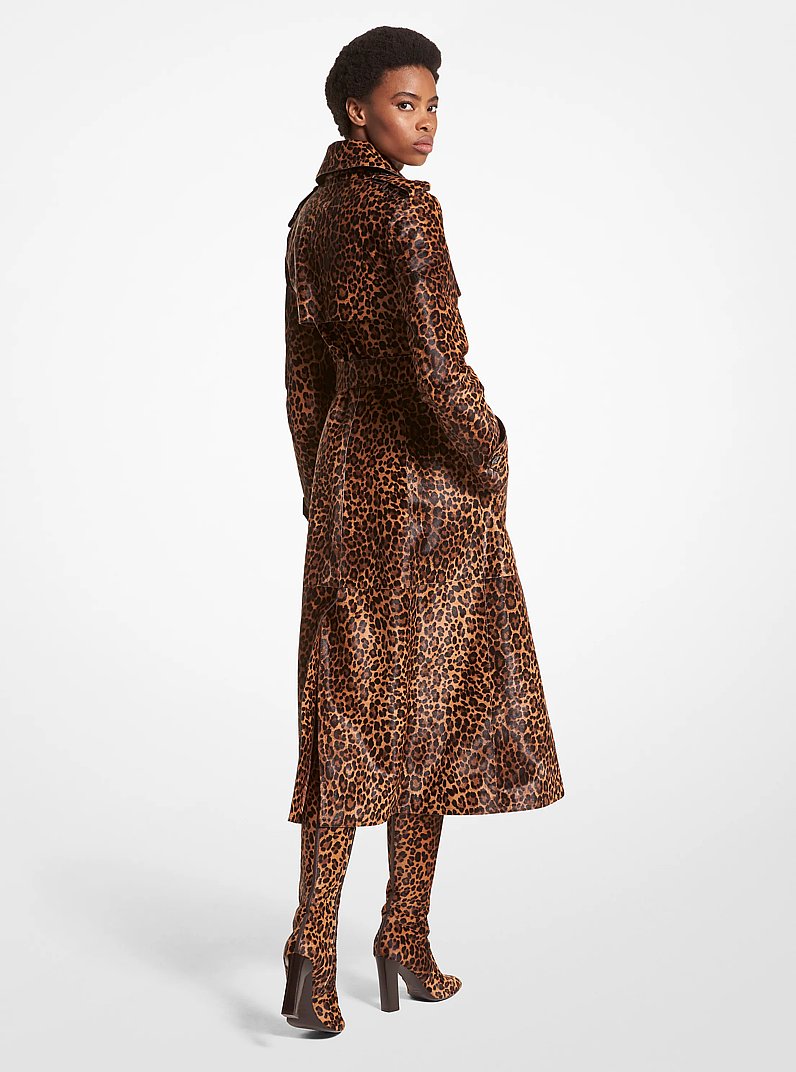 Leopard Print Calf Hair Trench Coat in CHESTNUT MULTI | Michael Kors