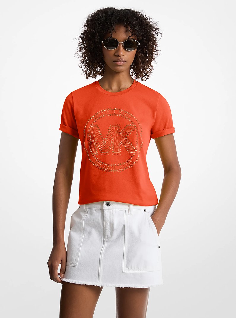 Studded Logo Charm Organic Cotton Jersey T-Shirt in RED CLAY | Michael Kors