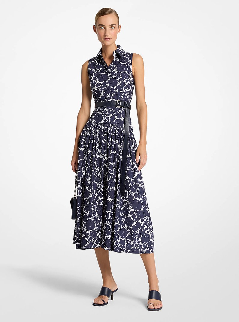 Floral Cotton Poplin Drop-Waist Shirtdress in MARIT/OP WHT | Michael Kors