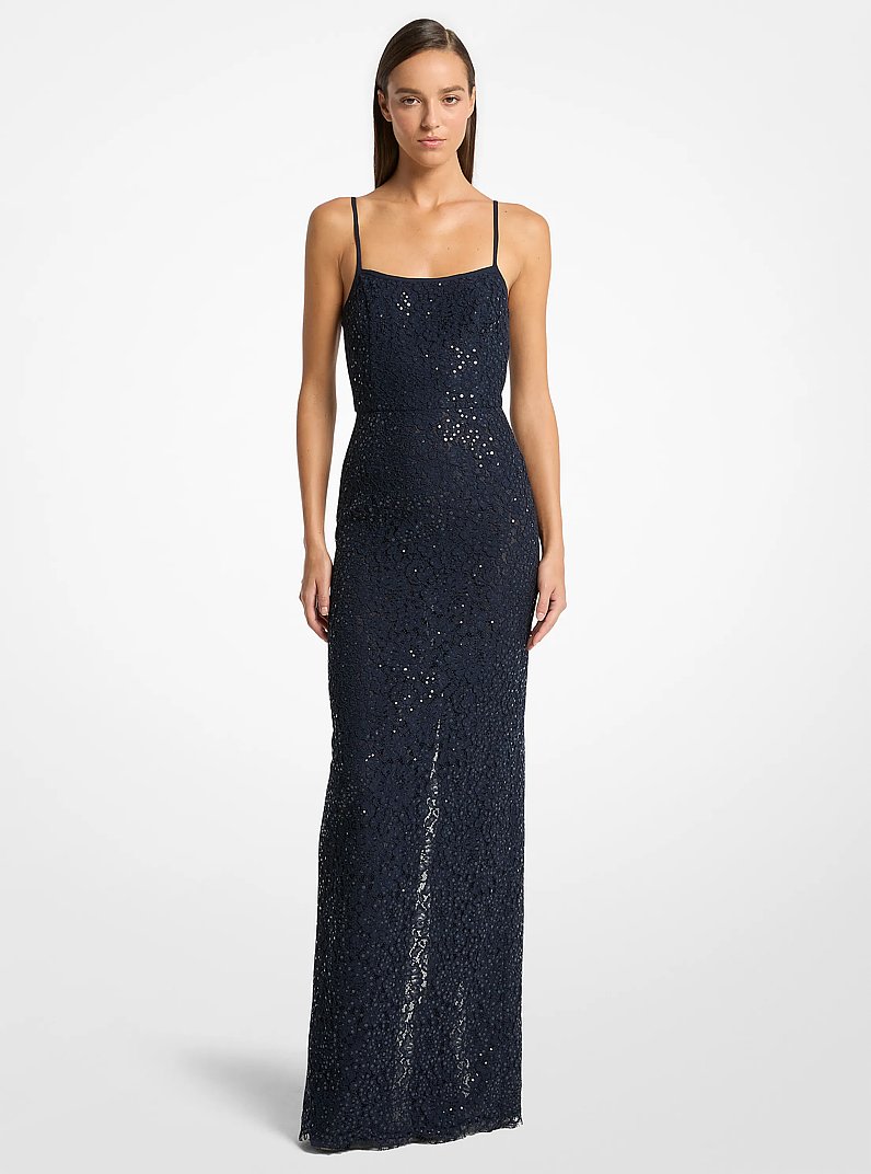 Vestido de noche de encaje floral con cordoncillo y lentejuelas in AZUL MEDIANOCHE | Michael Kors