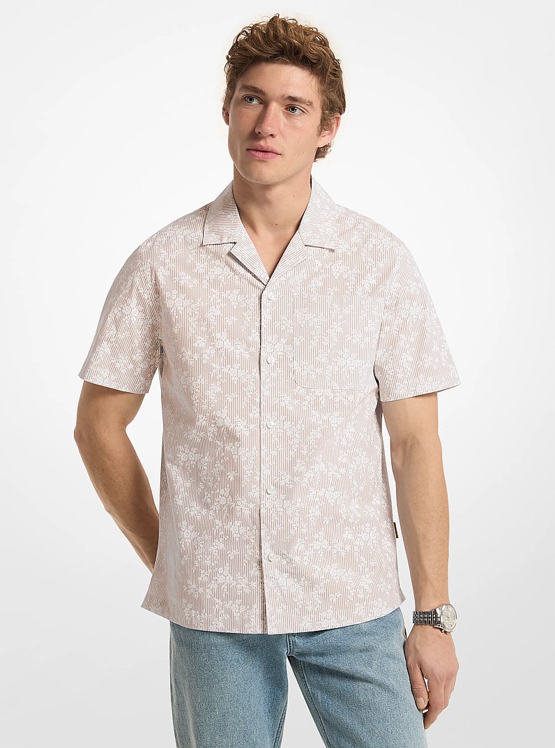 Floral Stretch Cotton Short-Sleeve Shirt in KHAKI | Michael Kors