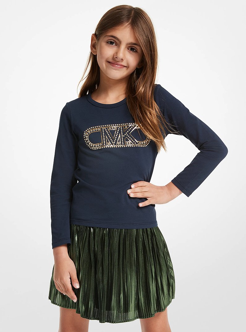 Camiseta de algod&oacute;n el&aacute;stico con logotipo imperio con tachuelas in AZUL MARINO | Michael Kors