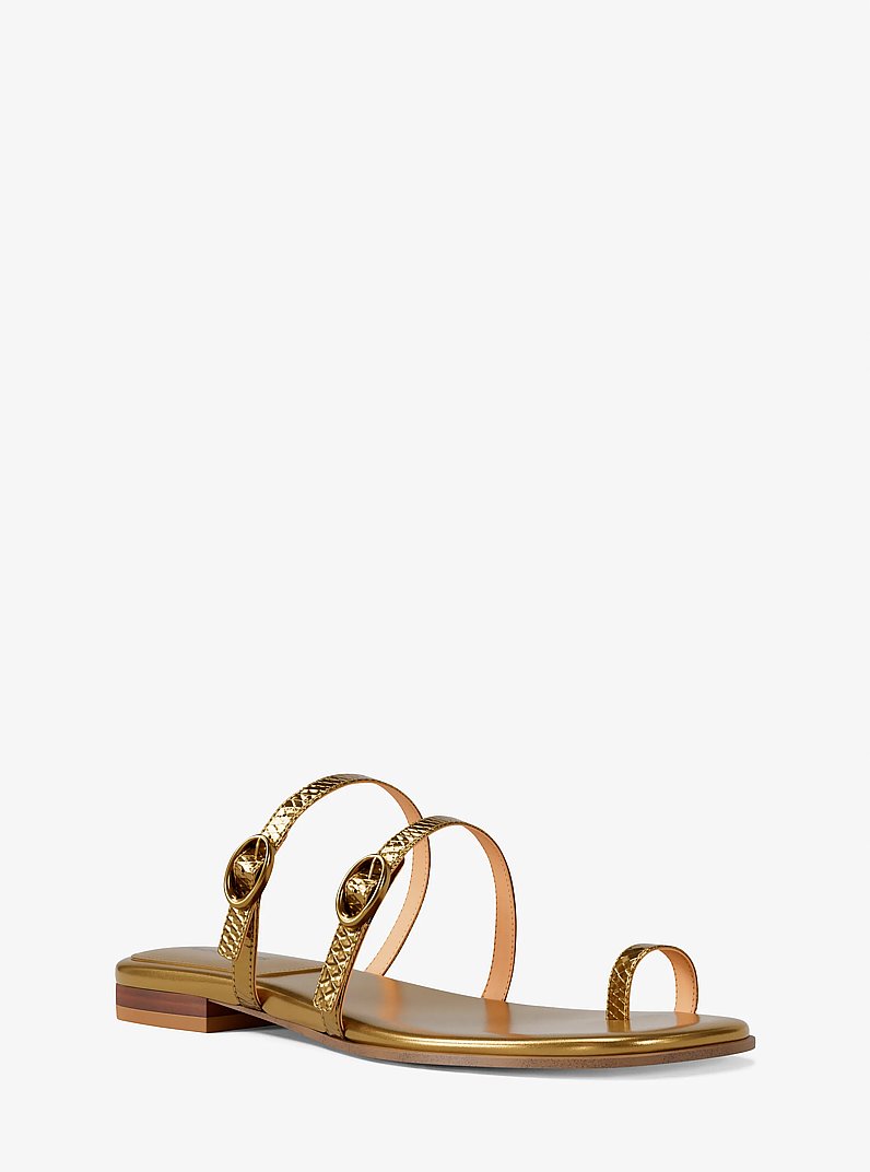 Kya Metallic Snake Embossed Leather Flat Sandal in ANTIQUE GOLD | Michael Kors