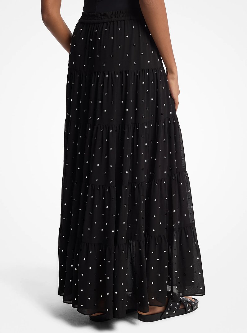 Studded Georgette Tiered Maxi Skirt in BLACK | Michael Kors