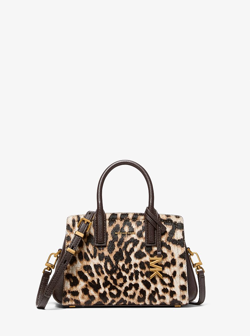Laila Small Leopard Print Calf Hair Satchel in BURNT KHAKI | Michael Kors