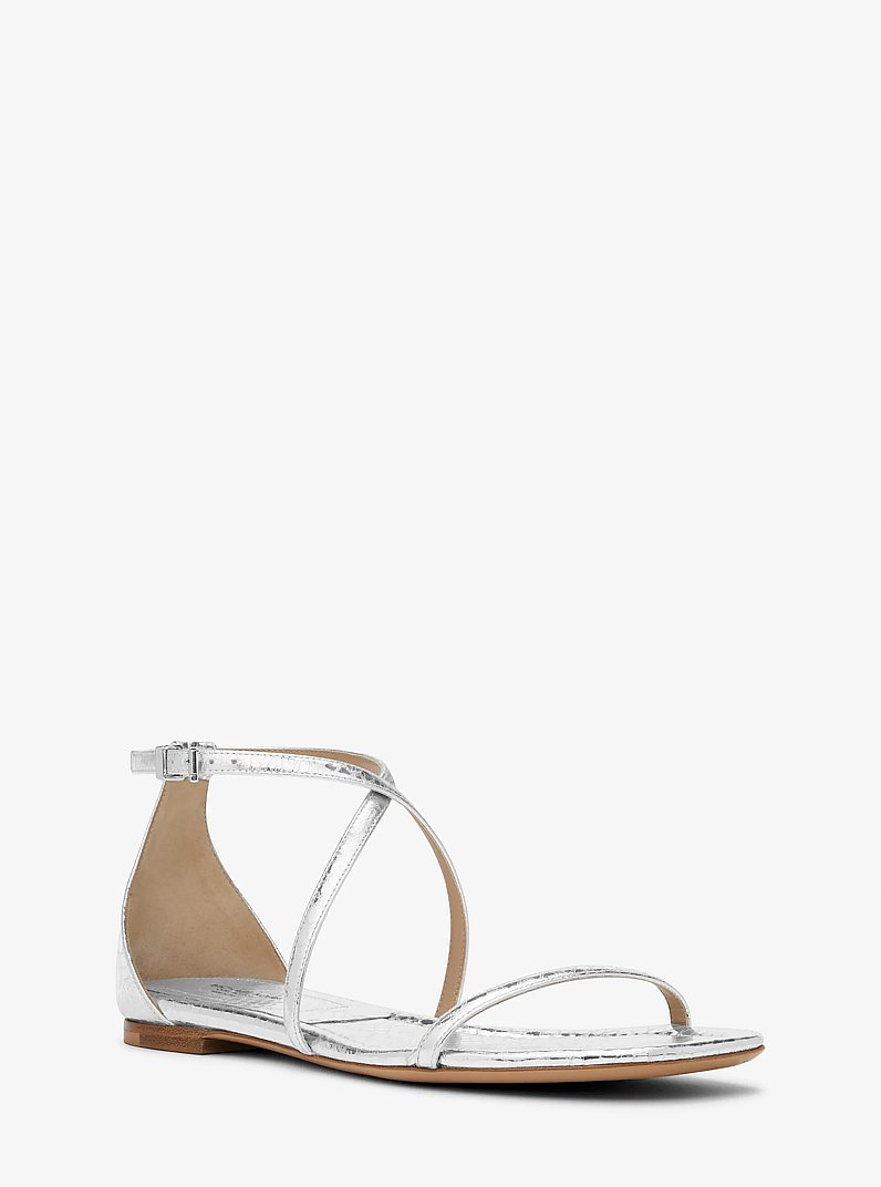 Polly Metallic Python Embossed Leather Sandal in SILVER | Michael Kors