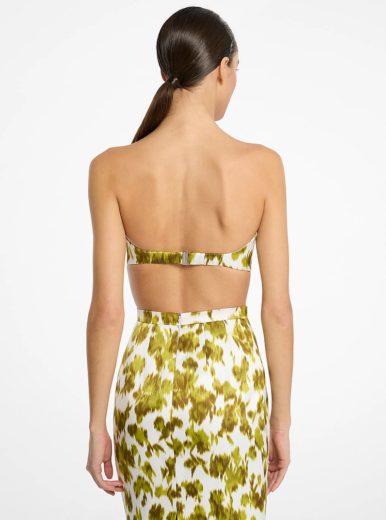 Floral Chin&eacute; Satin Duchesse Bandeau Top in MOSS/OPTIC WHITE | Michael Kors