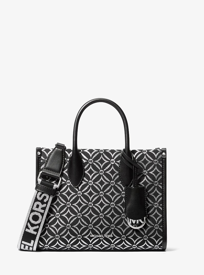 Mirella Small Metallic Logo Jacquard Crossbody Bag in BLACK/SILVER | Michael Kors