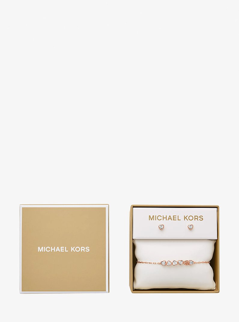 Pulsera deslizante con corazones de circonia c&uacute;bica y aretes de bot&oacute;n in DORADO ROSA | Michael Kors