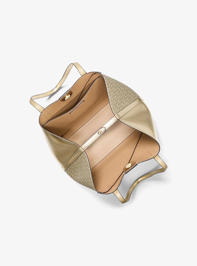 Avalon Medium Metallic and Signature Logo Tote Bag in OR P&Acirc;LE | Michael Kors